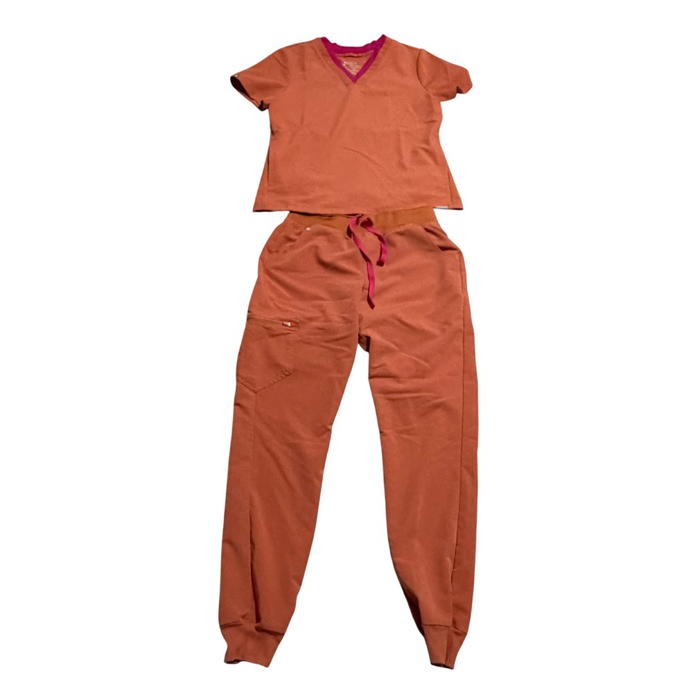 FIGS Terracotta w Berry Trim Scrub Set V-Neck Top sz S & Jogger Pants sz S Tall